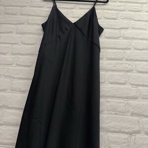 Whimsigoth Women's XL Black Silky Long Slip Dress Side Slit Midi Spaghetti Strap